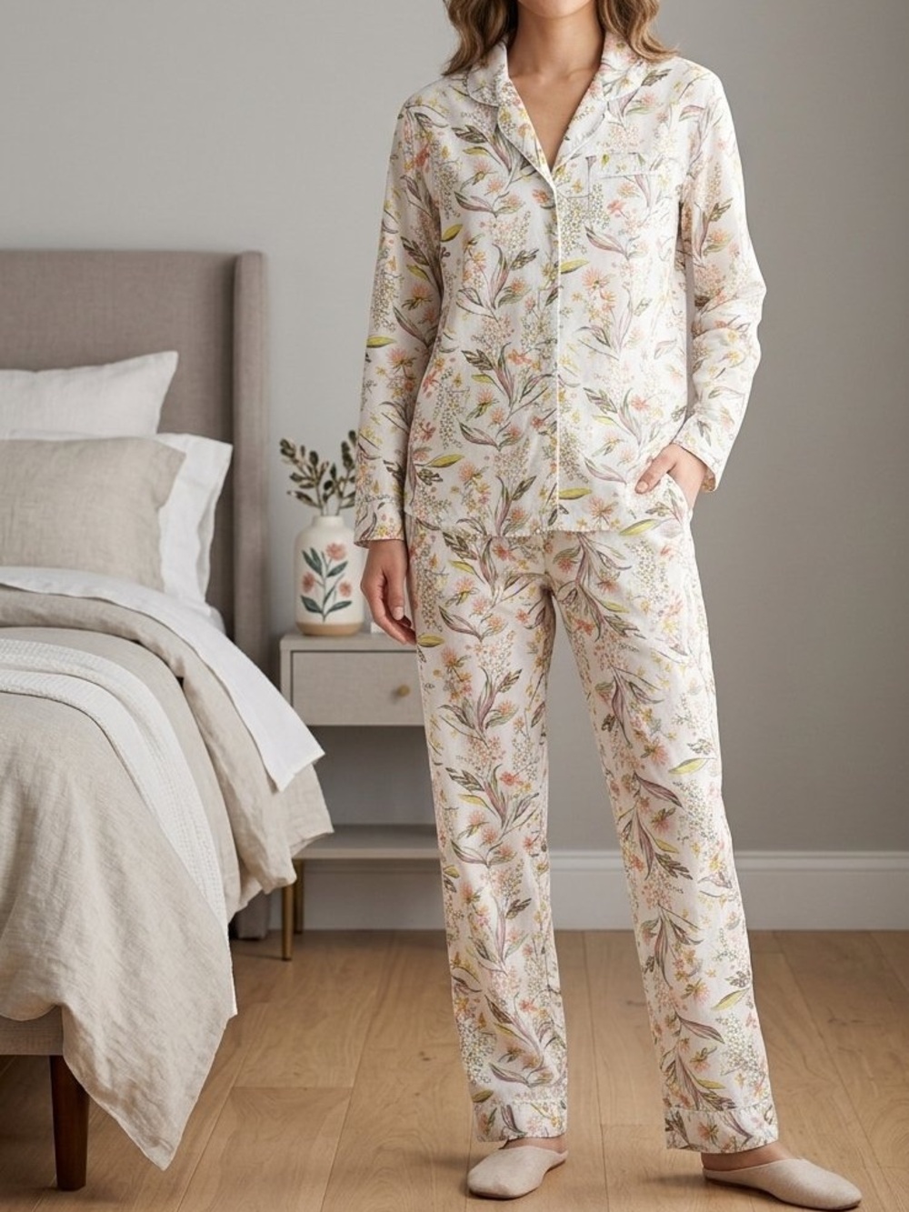 Floral-Print Cotton Pajama Set in White with Floral print